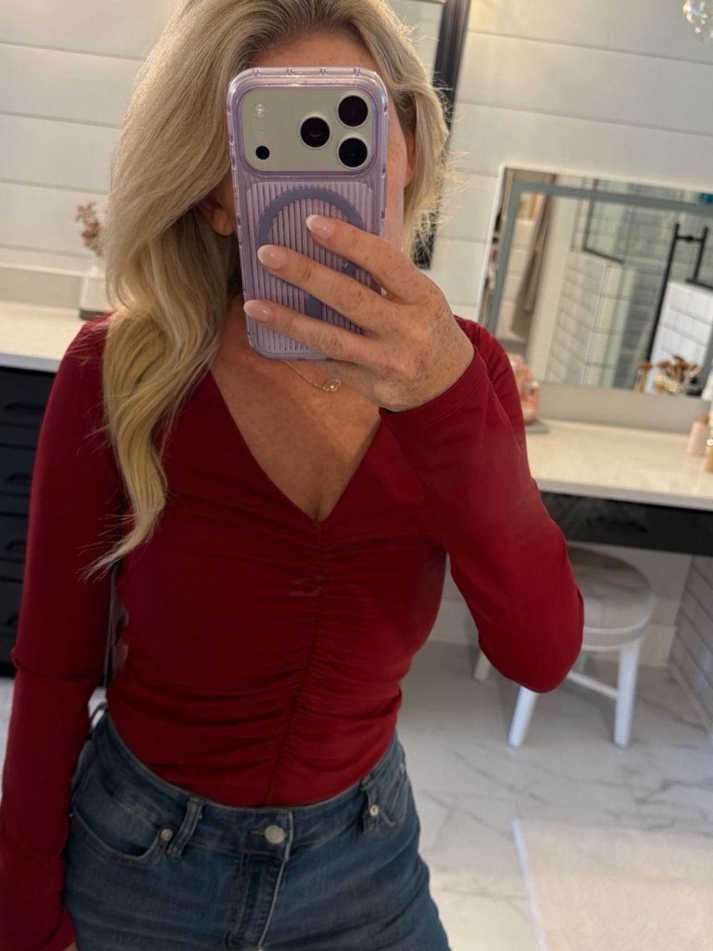 Women's Ruched V-Neck Long Sleeve Bodysuit - Wine Red